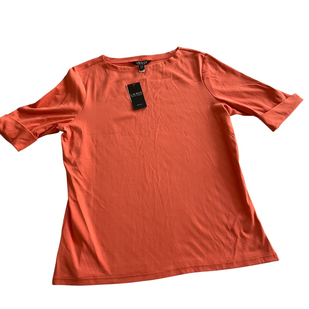 Lauren Ralph Lauren Knit Top Women 1X Orange Cuffed Sleeve Boat Neck‎ New
